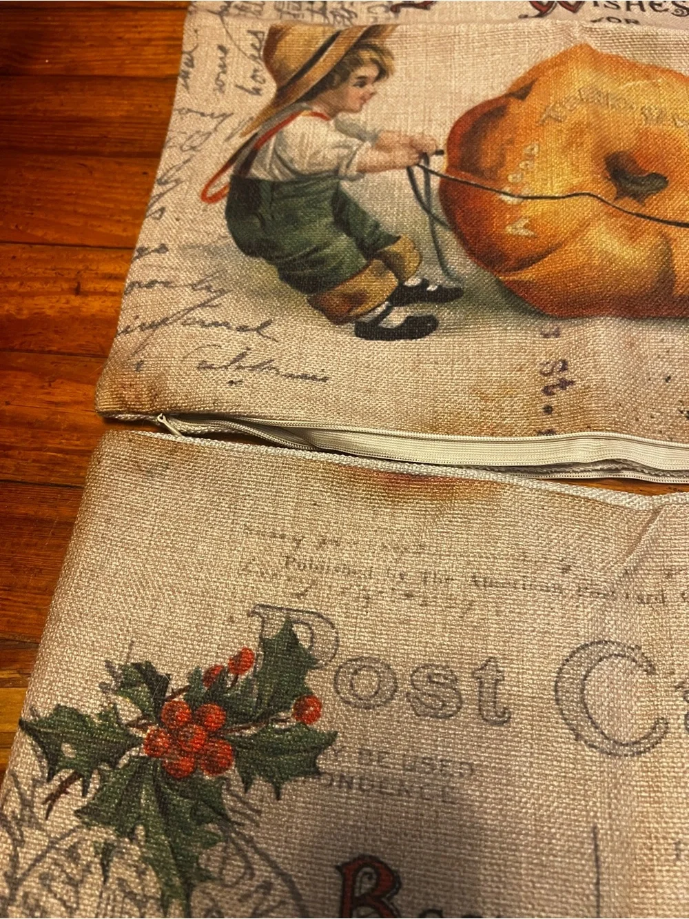 Vintage-Inspired Pumpkin Postcard Decorative Pillow Covers - Beige and Orange